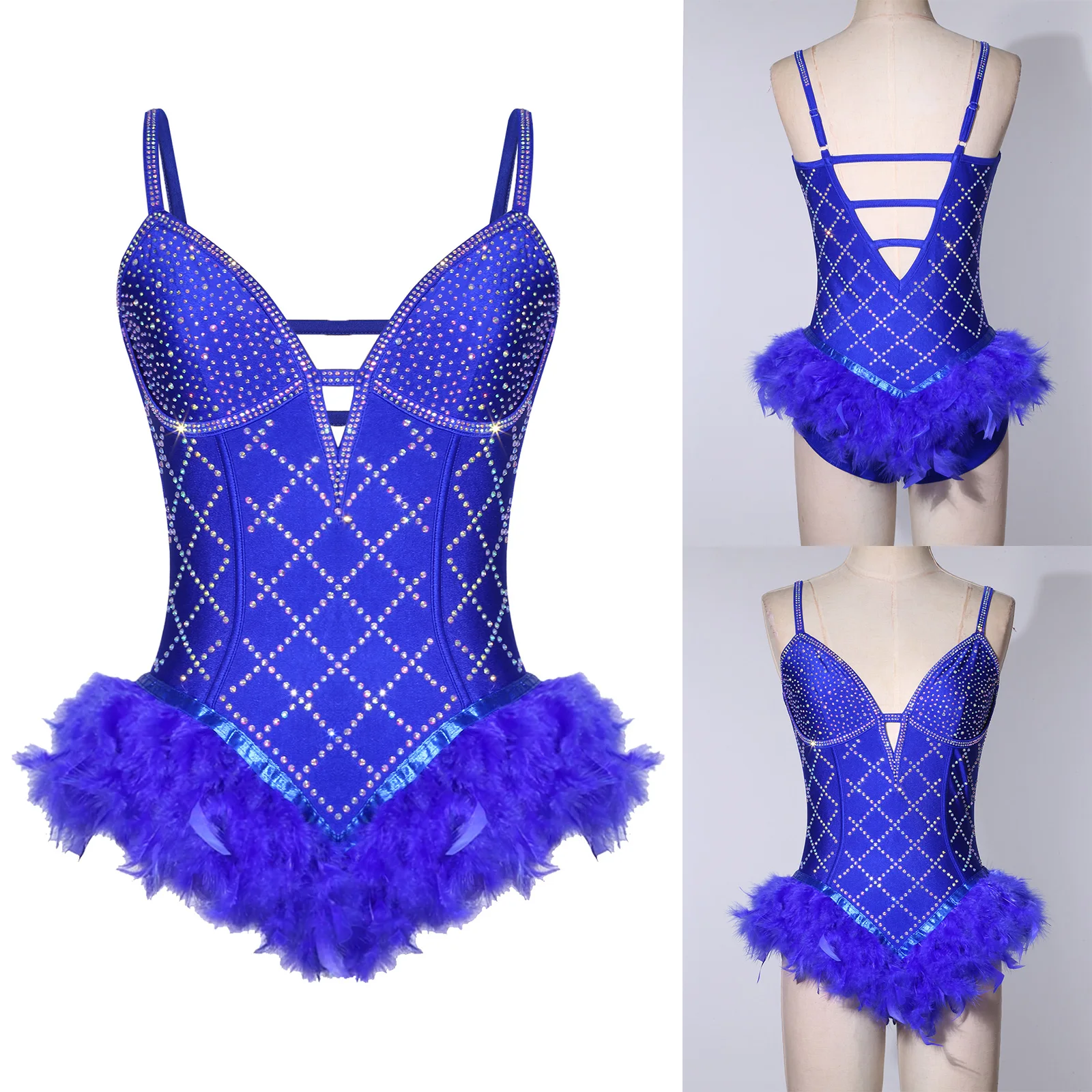 Womens Glittery Rhinestone Feather Dance Leotard Dress Tango Latin Dancewear Stage Spaghetti Straps Rumba Leotard Bodysuit Dress