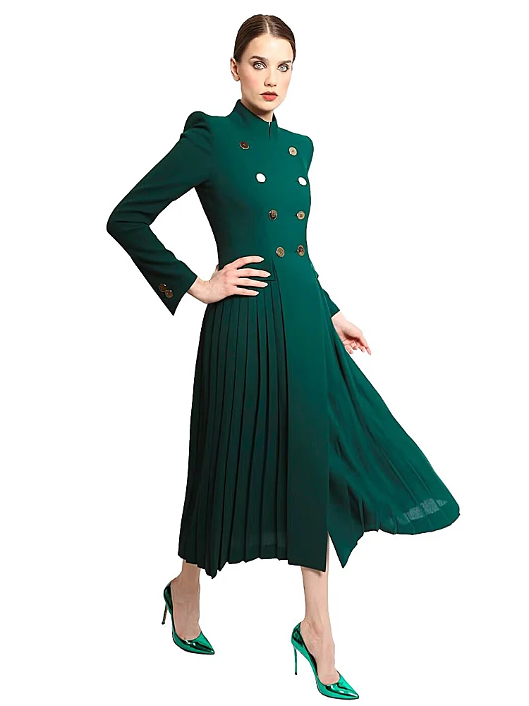 Coat Designer Sweet Women's Spring High Quality Fashion Party Green Slim Fit Pleated Casual Office Pretty Long Sleeve Overcoat