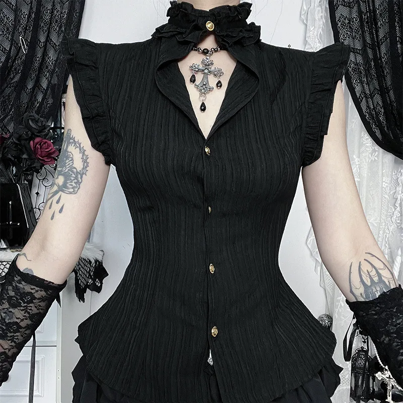 

Dark Retro Open Collar Shirt 2025 New Gothic Fungus Edge Pinched Waist Design Top Women Black Aesthetic Grunge Y2k Tops Summer