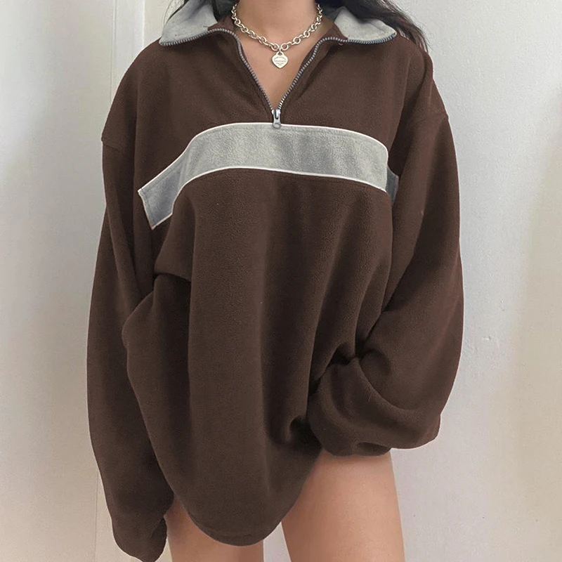 

Y2K Aesthetics Patchwork Oversized Pullovers Preppy Style Vintage Loose Sweatshirts Autumn Turn-down Collar Brown Long Tops