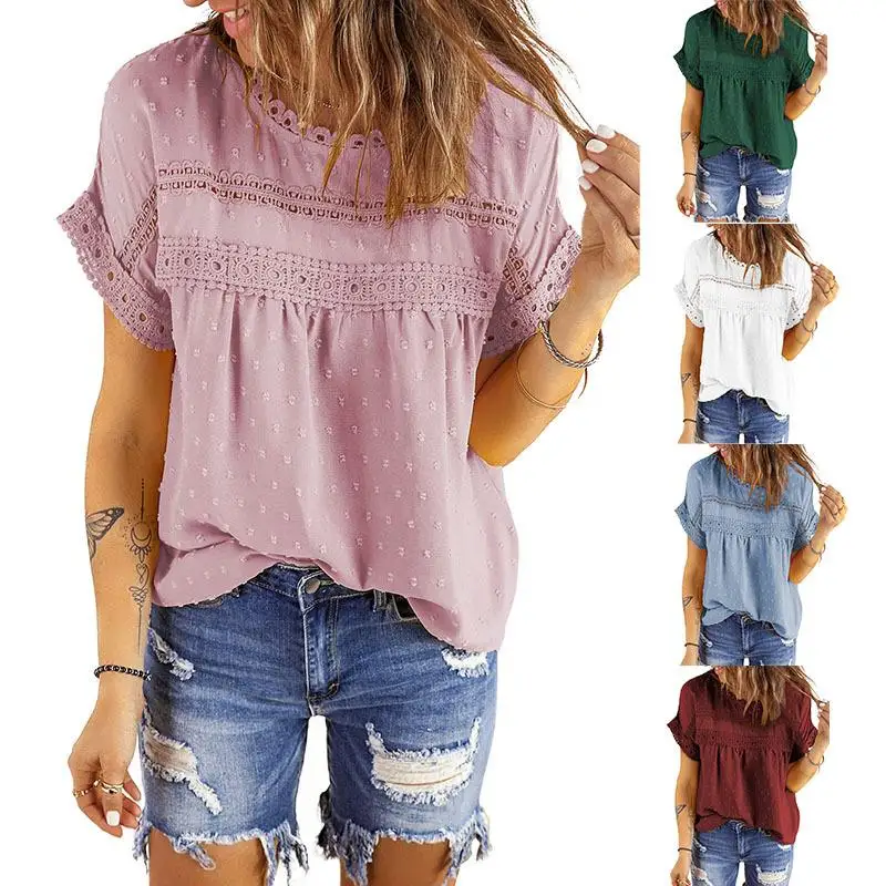 

Женская кружевная вязаная рубашка с коротким рукавом, повседневный стиль, с цветочным узором и вышивкой, 100% ткань, стандартная длина рукава