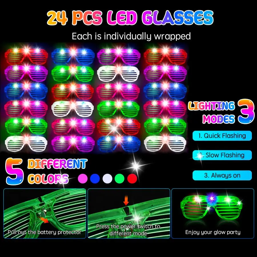 

Glow in the Dark Party Supplies, Party Pack Bulk , 24PCS Foam Glow Sticks amp LED Glasses, 24PCS LED Light Up Rings and 200PCS G