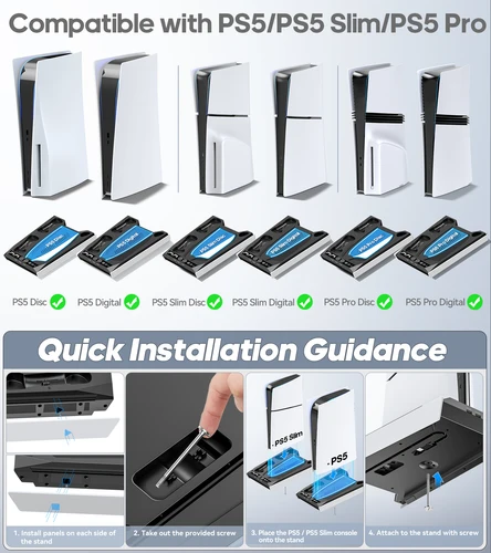 Imagen 2 del producto Soporte PS5/ PS5 Slim/ PS5 Pro para disco y consola digital Estación de carga y refrigeración PS5 con ventilador de 3 niveles Cargador de controlador PS5