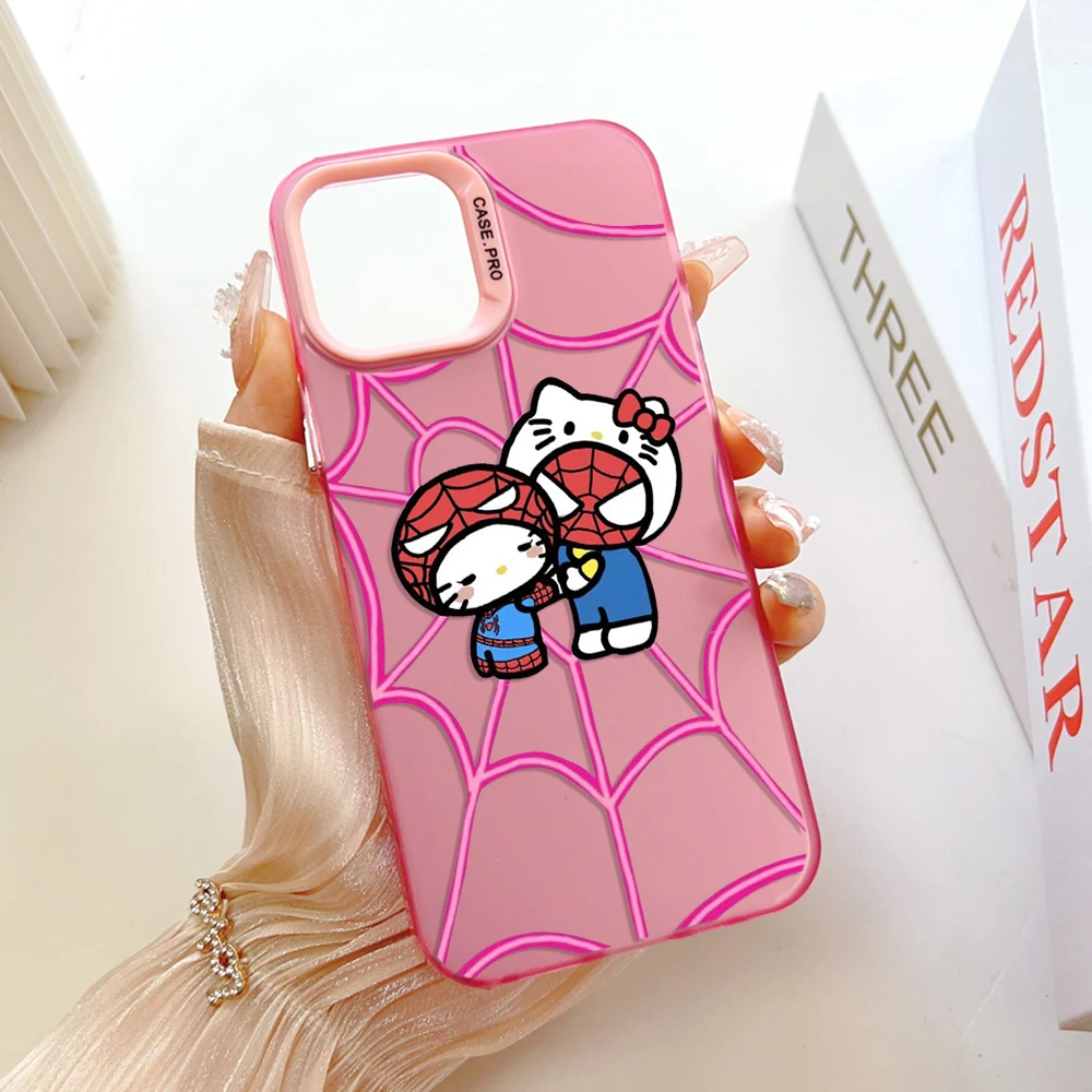 Spidermans Hello Kittys Phone Case for IPhone 13 12 11 15 14 Pro Max Plus Lens Creative Border Silver Plated Inside Hard TPU