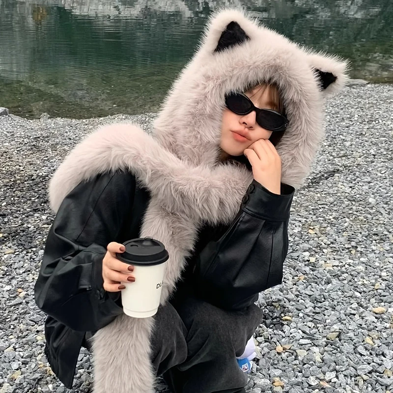 القط الأذن أفخم قبعة وشاح للنساء الفتيات شتاء دافئ فو الفراء رشاقته وشاح قبعة مجموعة عيد الميلاد حفلة الرقبة ديكور دفئا هدية