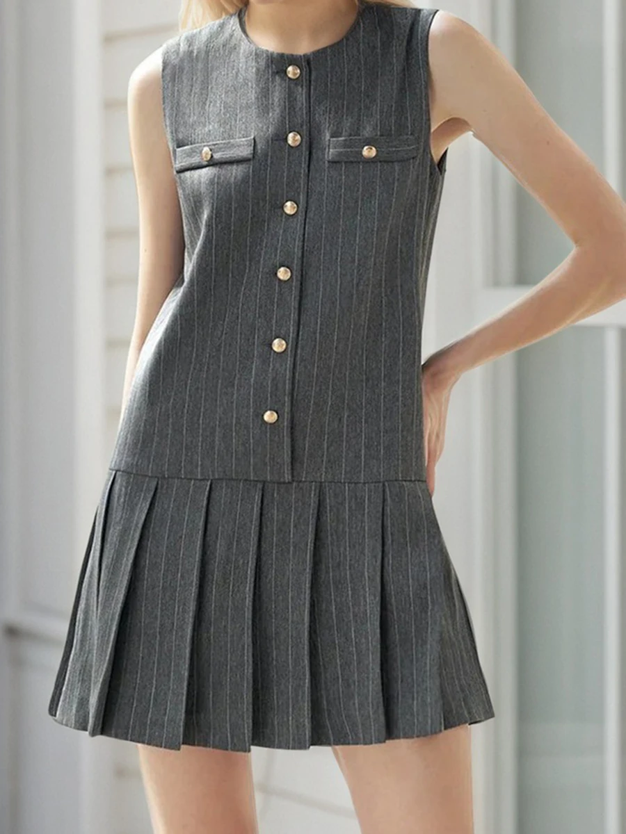 

Gray Striped Mini Pleated Dresses Women Crew Neck Single Breasted Sleeveless Short Dress Summer Simple Fashion Elegant Vestidos