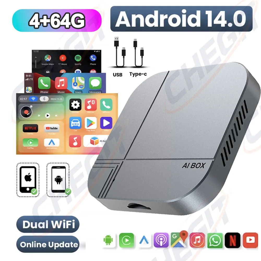 2026 Android AI Box 4G+64G/2G+16G Draadloze CarPlay Adapter Android Auto TV Box voor YouTube Netflix voor VW Toyota Hyundai Ford