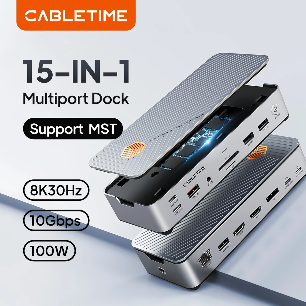 

CABLETIME USB C Docking Station Type C Dock Multi HUB PD100W HDMI DP Display SSD Enclosure RJ45 SD/TF Card for Macbook Laptop