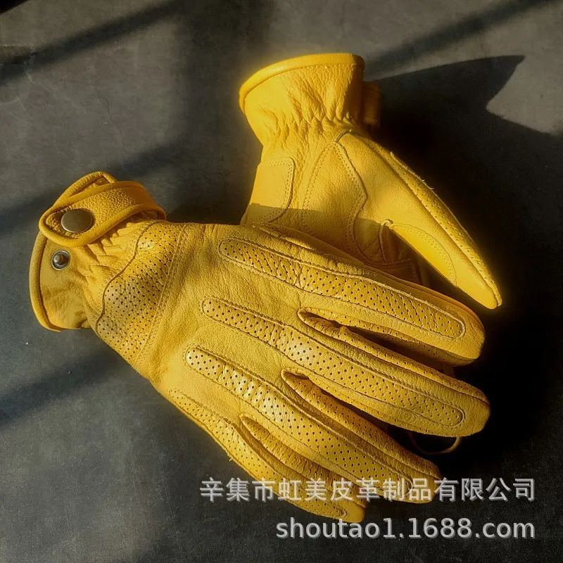 The First Layer of Cowhide Men's Motorcycle Retro Four-season Gloves, Leather Thin Breathable Protective Outdoor Riding