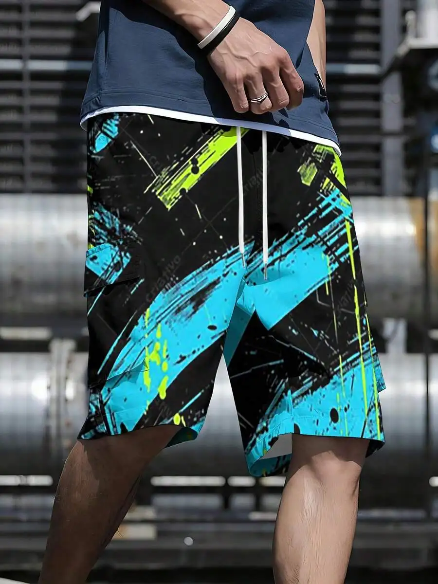 

Mens Black Blue Green Brushstroke Pattern Cargo Shorts With Drawstring Pocket