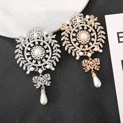 Gold Colour Rhinestone Crystal Flower Brooches For Women Fashion Drop Pearl Brooch Pins Wedding Bridal Party Charm Jewelry Gifts