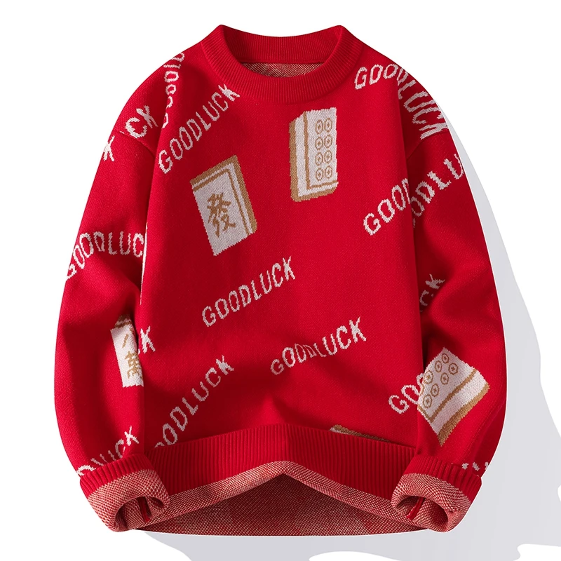 New Year Knitwear Men Sweater Pullovers Loose Fit Casual Trendy Winter Quality Acrylic Blends Print Pull Homme Sueters De Hombre
