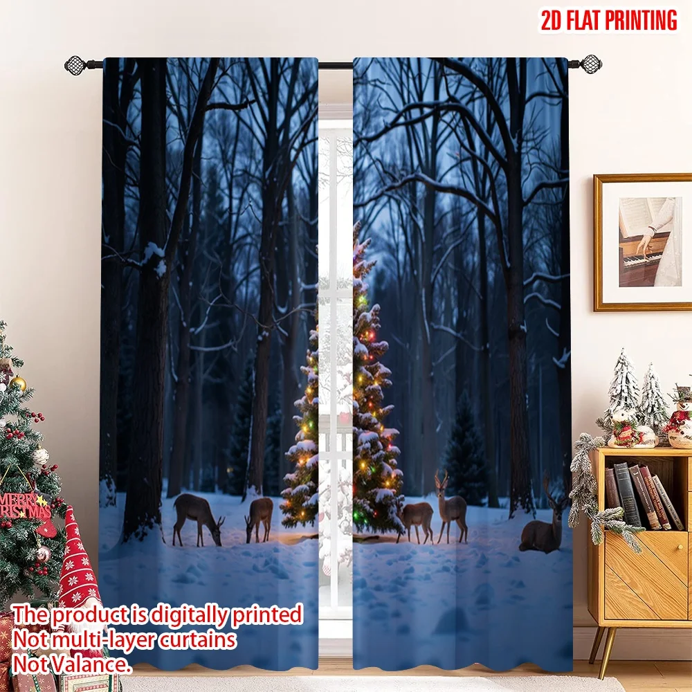 

2pcs 2D flat printing Christmas Scene Curtain Winter Forest Christmas Tree Scene Animals Polyester Without Electricity Festive