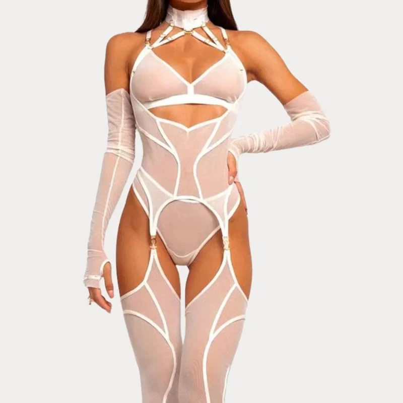 Seductive Women's Lingerie Set Tempted Intimate Body Thong 2PC with Gloves Stockings Daring Women Bodysuit Underwear