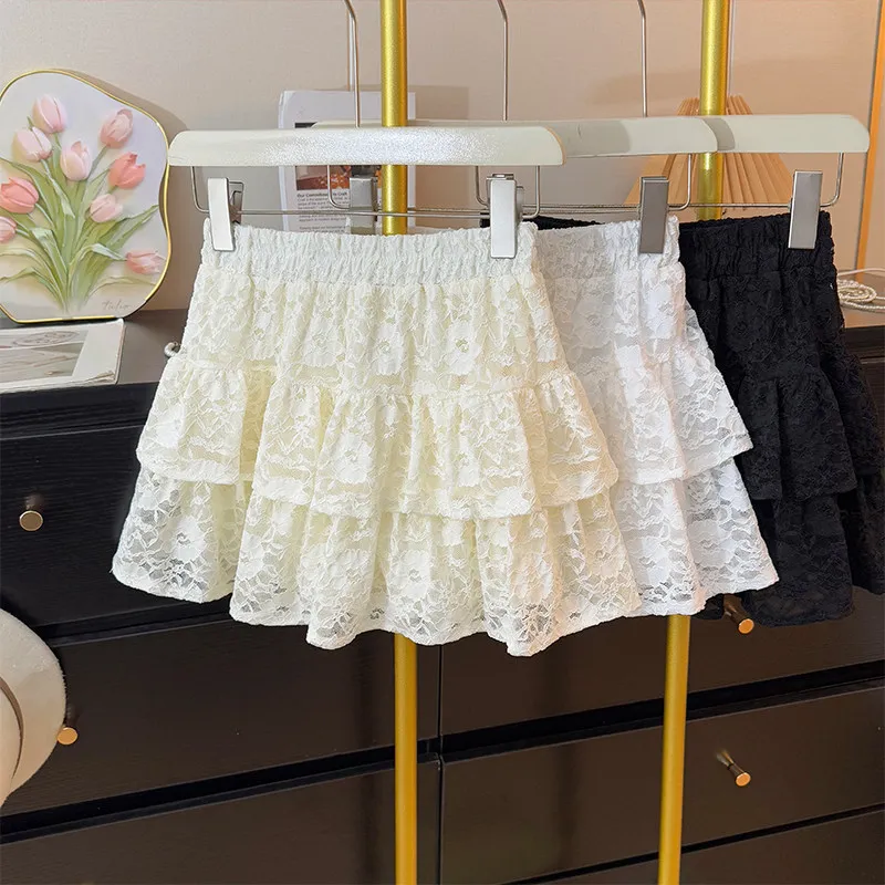 Lace Hollow Out Crochet Women' Skirts 2026 Spring Summer New Sweet Flounce Ball Gown Casual High Waist A-line Tiered Skirt