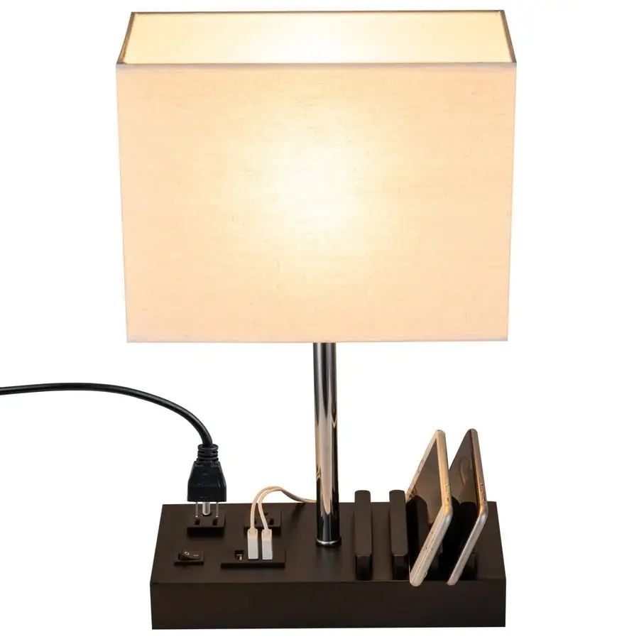 

Модернизированная настольная лампа с 3 USB-портами (2 USB-A и 1 USB-C для зарядки), прикроватная лампа с 2 розетками переменного тока и деревянной подставкой для телефона.