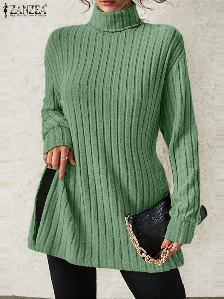 ZANZEA Autumn 2024 Casual Solid Pullover Tops Ribbed Knitted Fashion Turtleneck Slit Hem T-shirts Women Long Sleeve Long Blouses