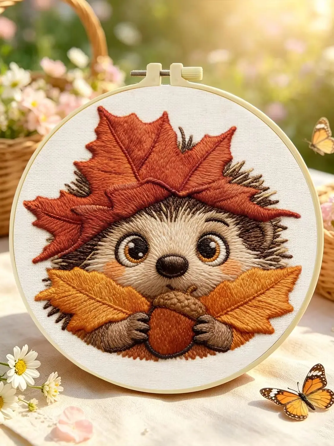 1 Set Herbstblatt-Igel DIY-Stickerei-Set für Anfänger, Stick-Starter-Kit, Kreuzstich-Kunstgeschenk, Nadelarbeiten – Detail 1