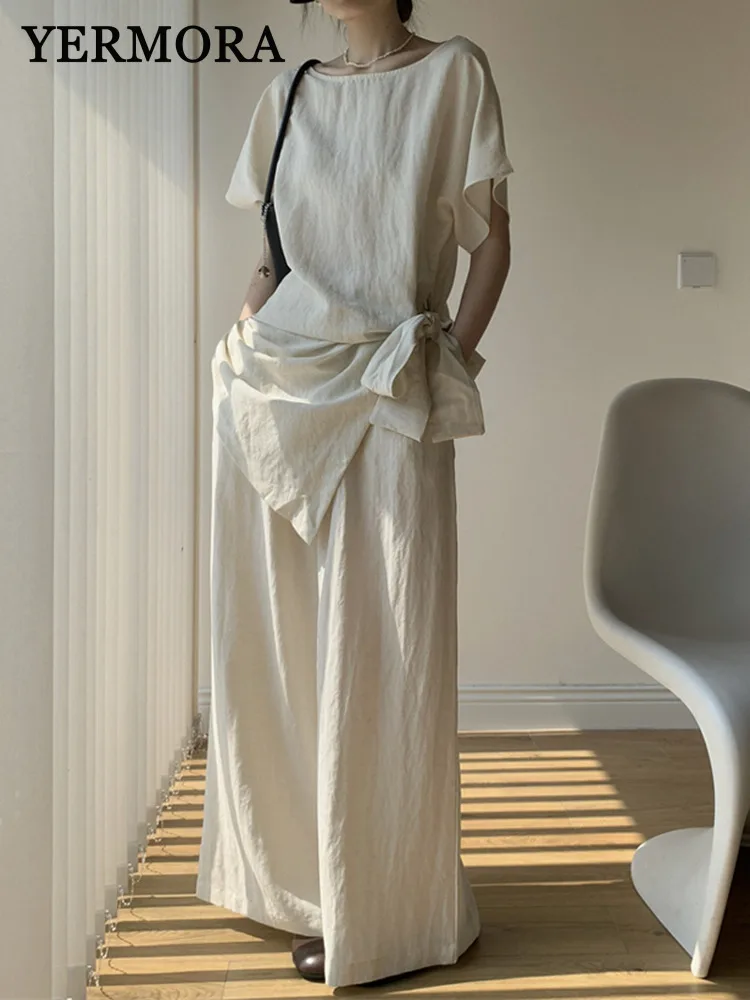 

YERMORA Women Two Pieces Set Beige Irregular Bow Bandage Shirt Loose New High Waist Wide Leg Pants Fashion Spring Summer 2025