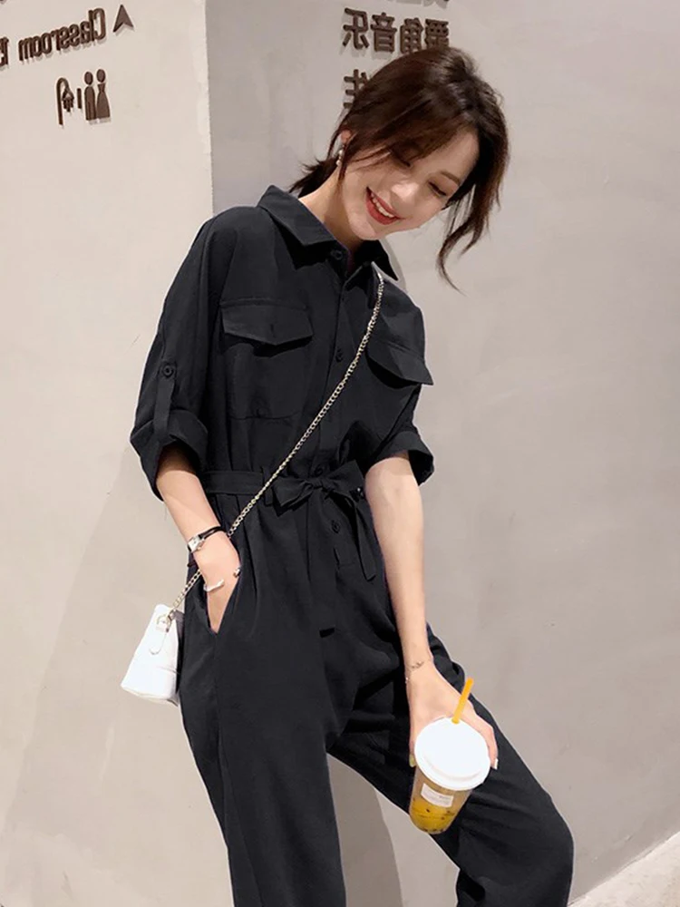 

Женские летние тонкие свободные повседневные модные комбинезоны с поясом, драпированные брюки-кюлоты, трендовые, с высокой талией, в уличном стиле, рабочая одежда