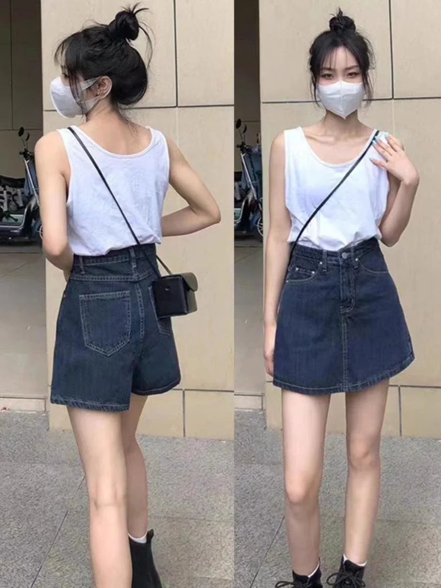 Retro High Waist Denim Skirt Women's Summer New Style A-Line Half Body Skirt Pants Hip Covering Slimming plus Size