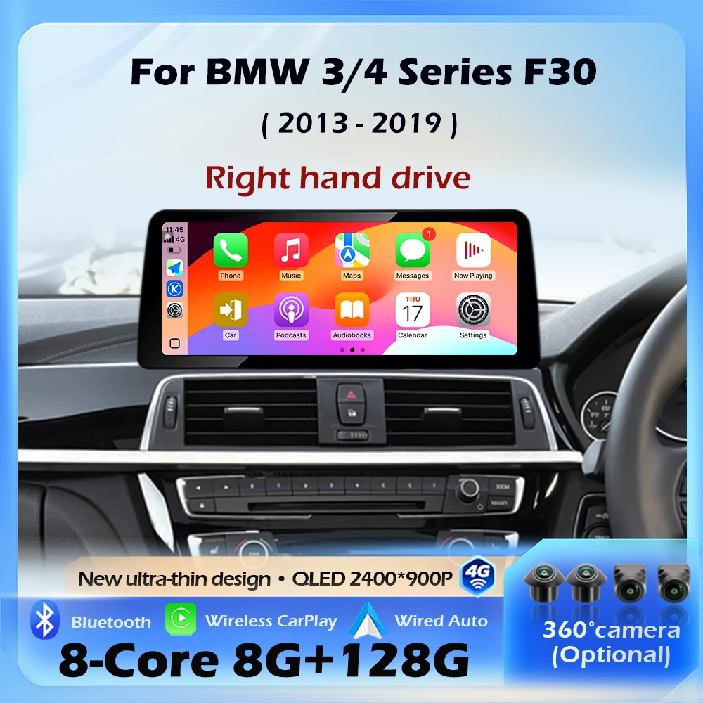 Rechtslenker 12,3-Zoll Android 16 für BMW 3/4er Serie F30 F31 F32 F33 F34 F36 2013-2019 Kabelloses Carplay GPS DSP Stereo-Display