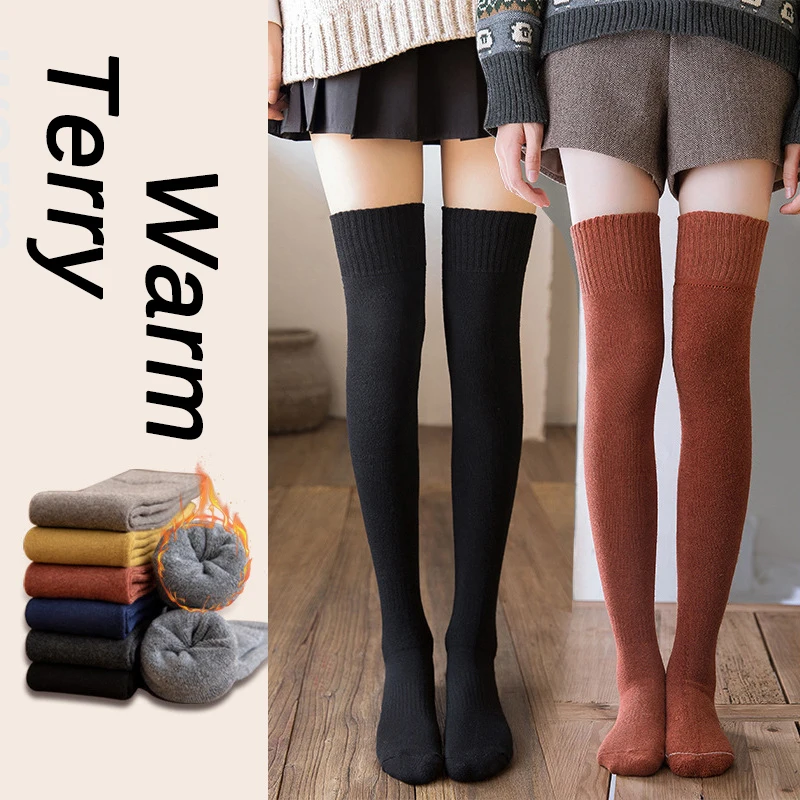 

Terry Over-the-knee Socks for Women in Winter Plus Velvet and Thickened Warm Stockings Knee-protecting Thigh-high Socks