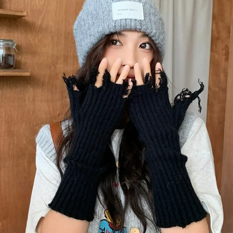 

New Hollowed Out Long Fingerless Gloves Women Winter Warmer Knitted Arm Sleeve Mittens Fine Soft Girl Clothes Punk Gothic Gloves