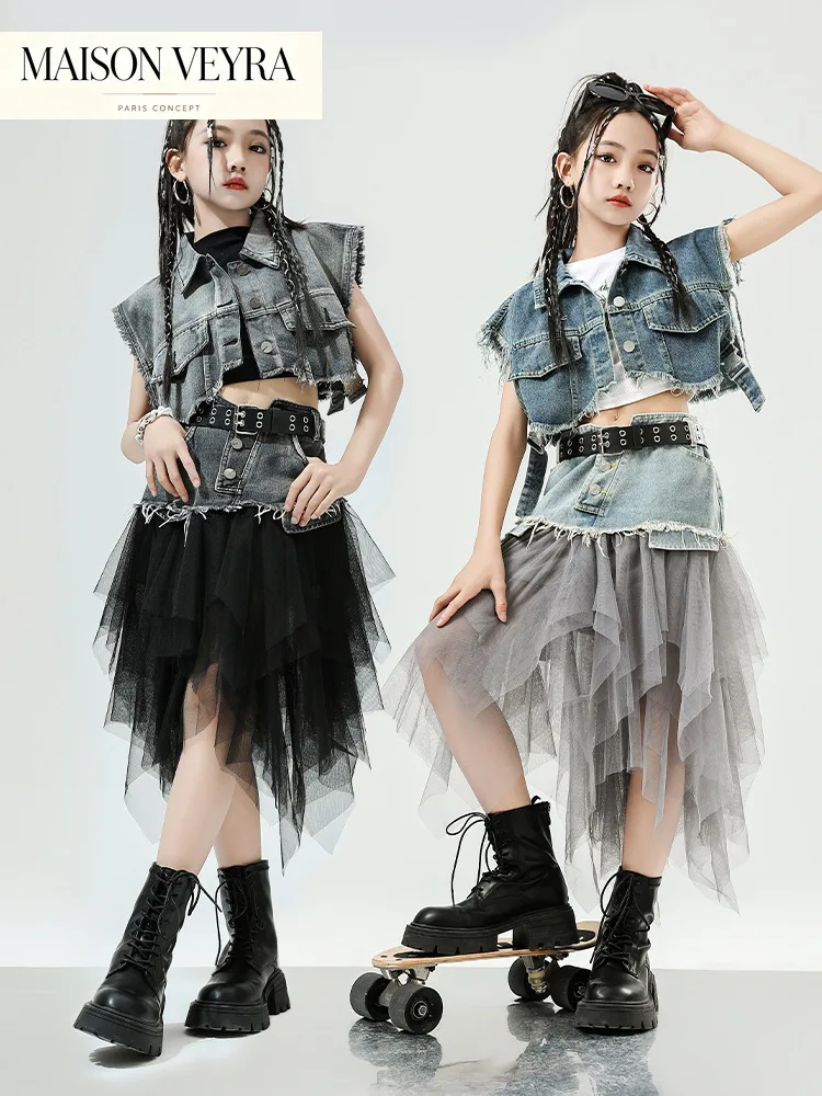 女の子ヒップホップ服デニムノースリーブジャケットベストトップパッチワークストリートメッシュスカート子供用ジャズダンス衣装服