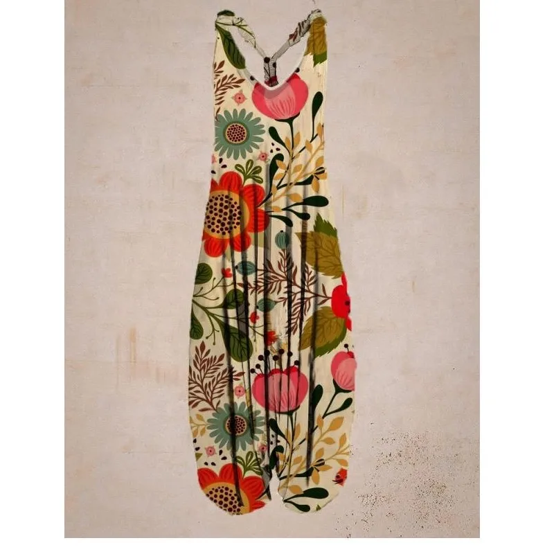 Bohemian Women's V-neck Sleeveless Jumpsuit Retro Ethnic Halter Top Harem Pants Beach Fashionable Casual Floral Print Jumpsuit