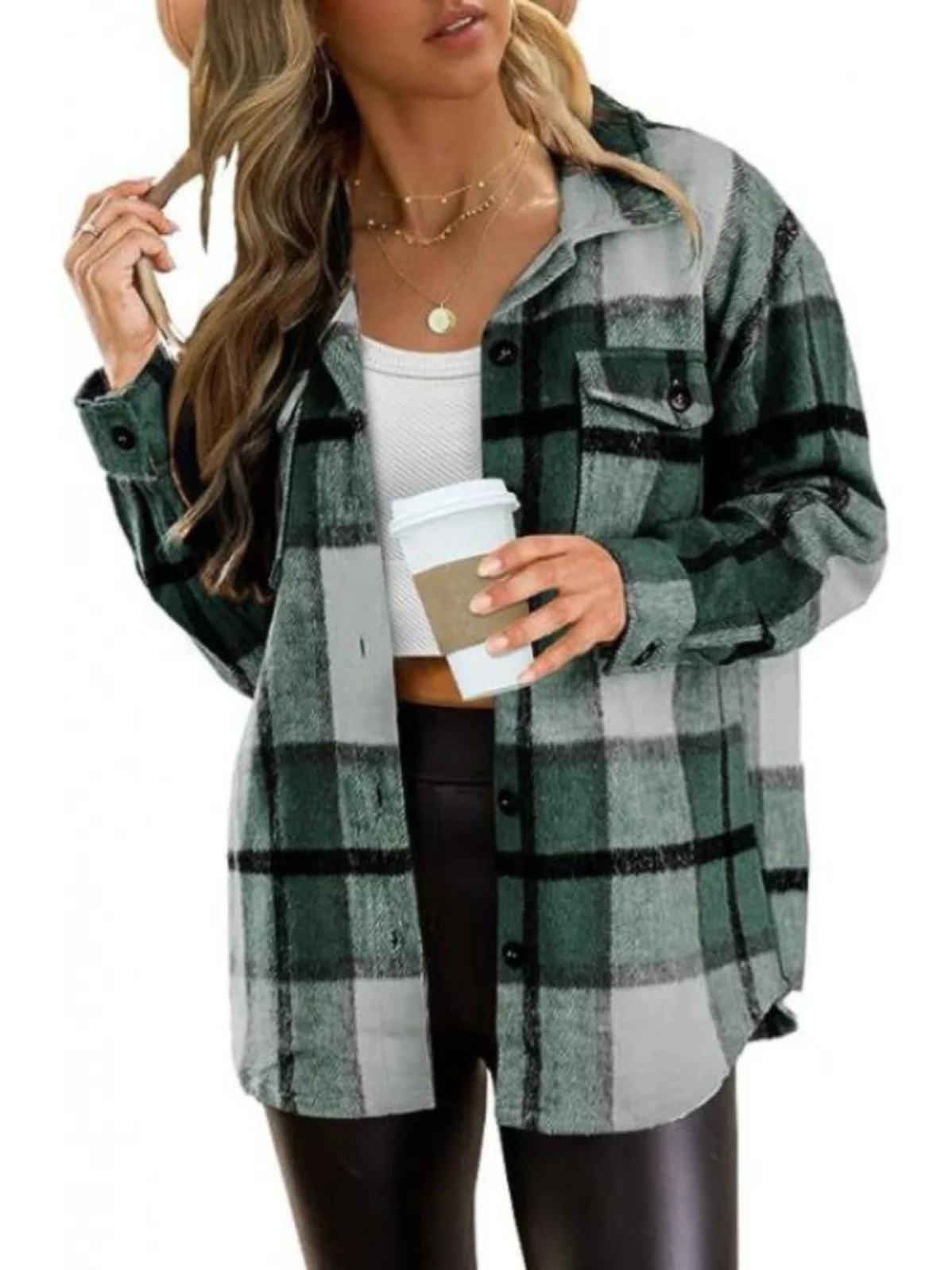 Casual Plaid Loose Long Sve irt Street Sle Polyester Fabric Button up Classic Straight Cut Women's Spring Faion