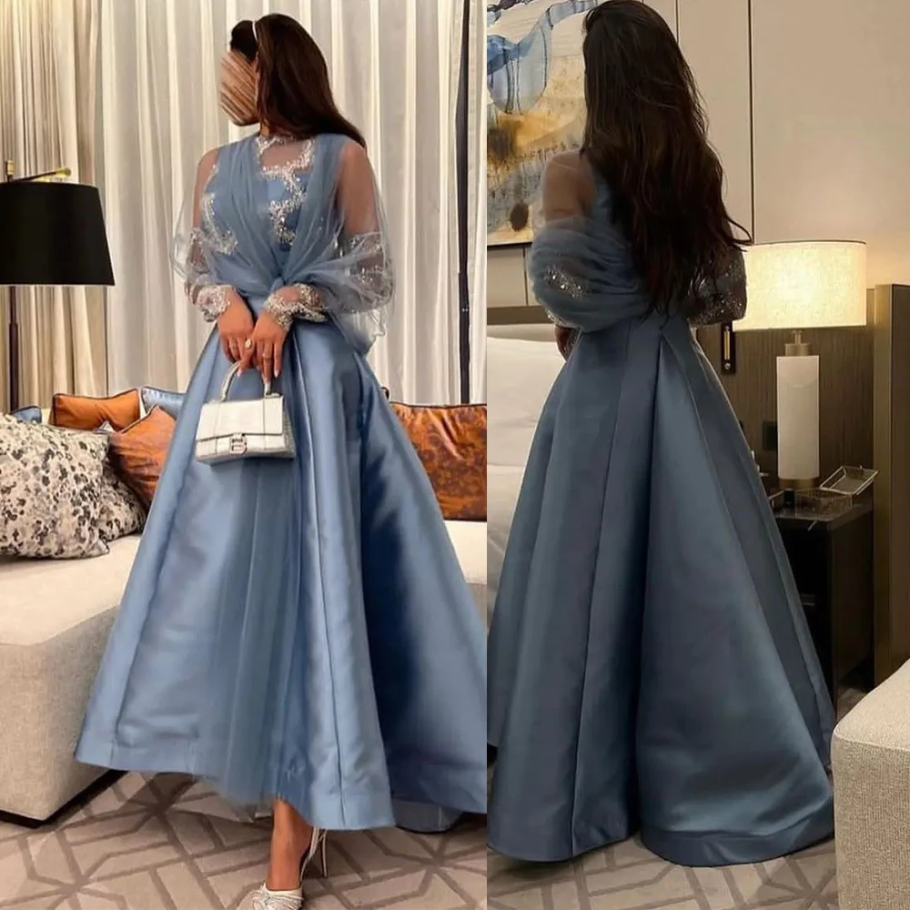 

Evening Dress A-line Satin Patchwork Long Sleeve Illusion Women Middle Eastern Elegant Prom Gown فساتين سهرة فخمه