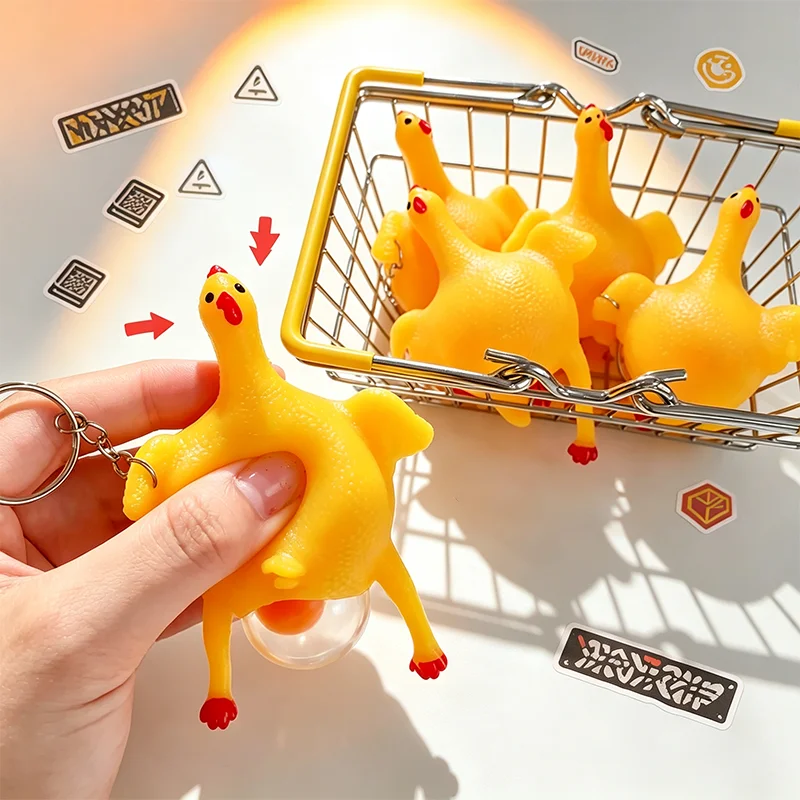 2/4Pcs Funny Mini Chicken Keychain Squeezable TPU Egg-Laying Duck Toy Creative Novelty Key Ring Humorous Gag Gift Yellow
