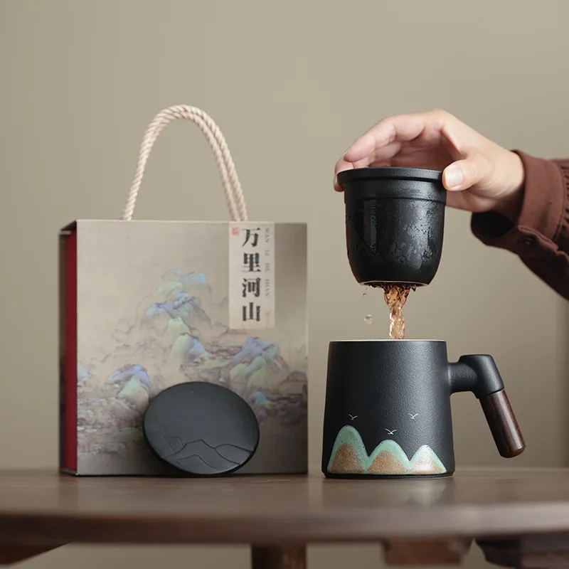 高級セラミックマグカップ茶こし付きオフィスカップギフトボックス中国伝統風ビジネスギフトクリエイティブな祭り用品