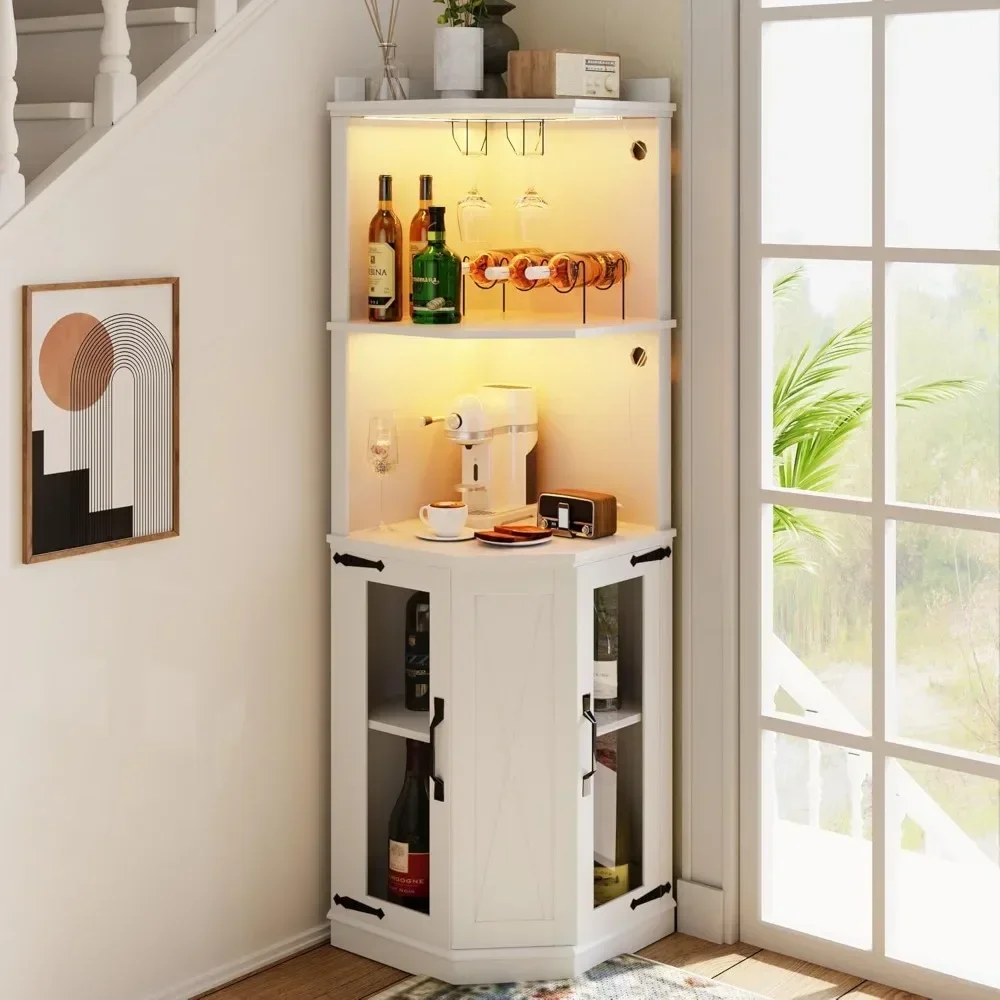 Corner Wine Bar Cabinet with LED Lights and Outlets, 67.7" Freestanding Tall Cupboard & Glass Rack, Adjustable Storage Shelves