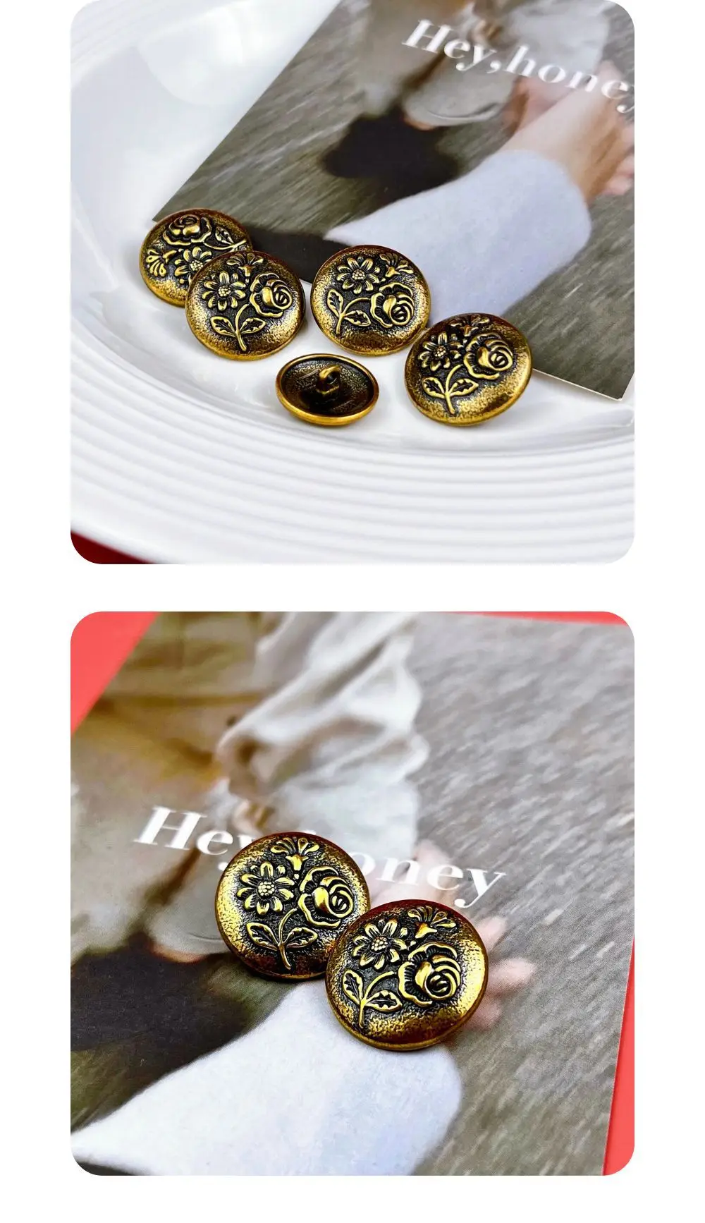 10 Stück Metallknöpfe zum Nähen, dekorative hochwertige Knöpfe für DIY-Bastelarbeiten, Kleidungszubehör, Schnitzblumen-Knöpfe, 18 mm/23 mm – Detail 6