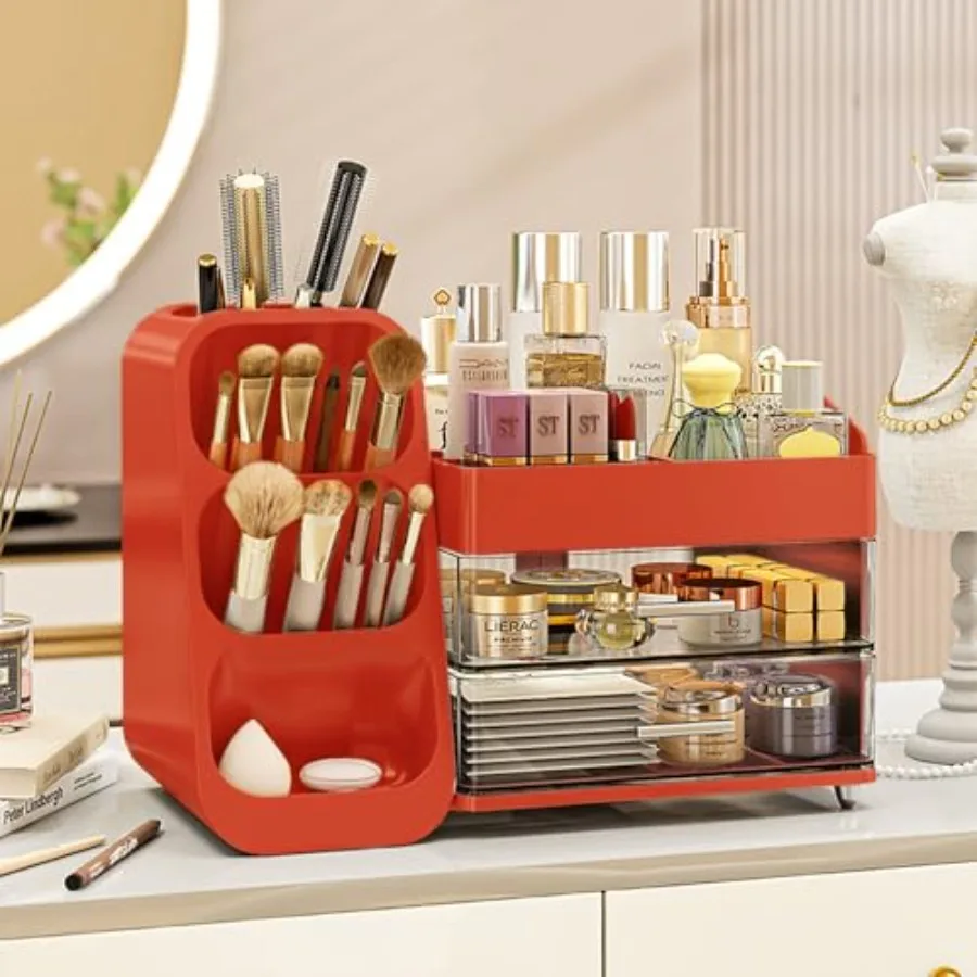 Red Makeup Organizer with Drawers for Vanity Spacious Cosmetic Display Case Perfect Storage Solution for Your Beauty Essentials
