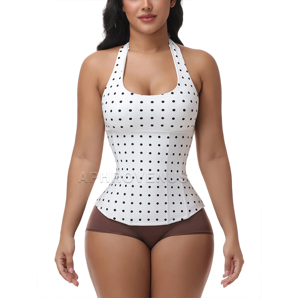 Women Halter Polka Dot Waist Trainer Corset Top Square Neck Sleeveless Longline Bustier Body Shaper Hourglass Slimming Shapewear