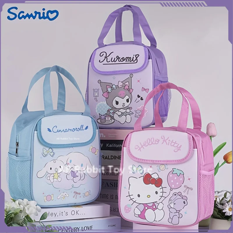 Sanrio Insulated Lunch Bag Hello Kitty Kuromi Cinnamoroll Printed Canvas Bento Bag Reusable Zipper Closure Handy Bag Kid Gifts