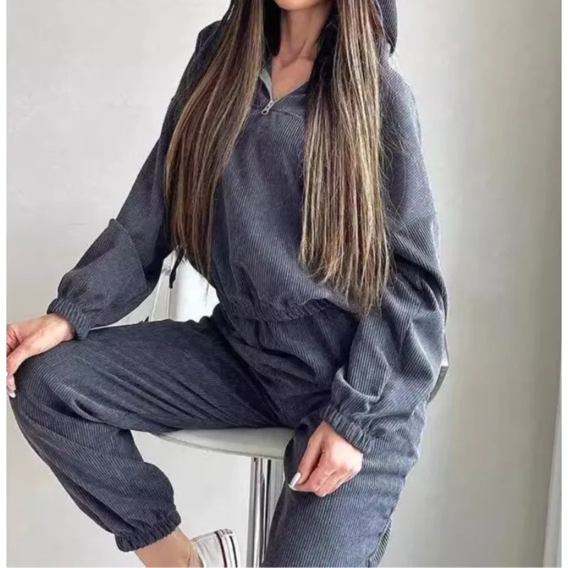 

Новинка 2025, женский осенне-зимний новый брючный костюм с длинными рукавами и капюшоном на молнии, комплект из двух предметов