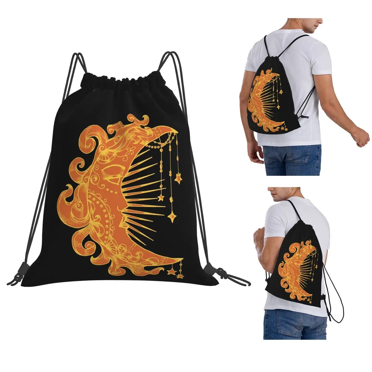 Witchy Mystic Moon Face Stars Sun Backpacks Fashion Drawstring Bundle Pocket Sundries Bag Book Bags for Travel Students