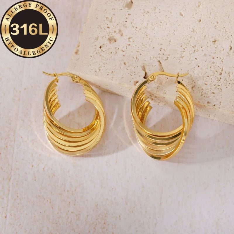 High-quality stainless steel hypoallergenic Golden earrings, square line cross-spell round shape, gold and silver
