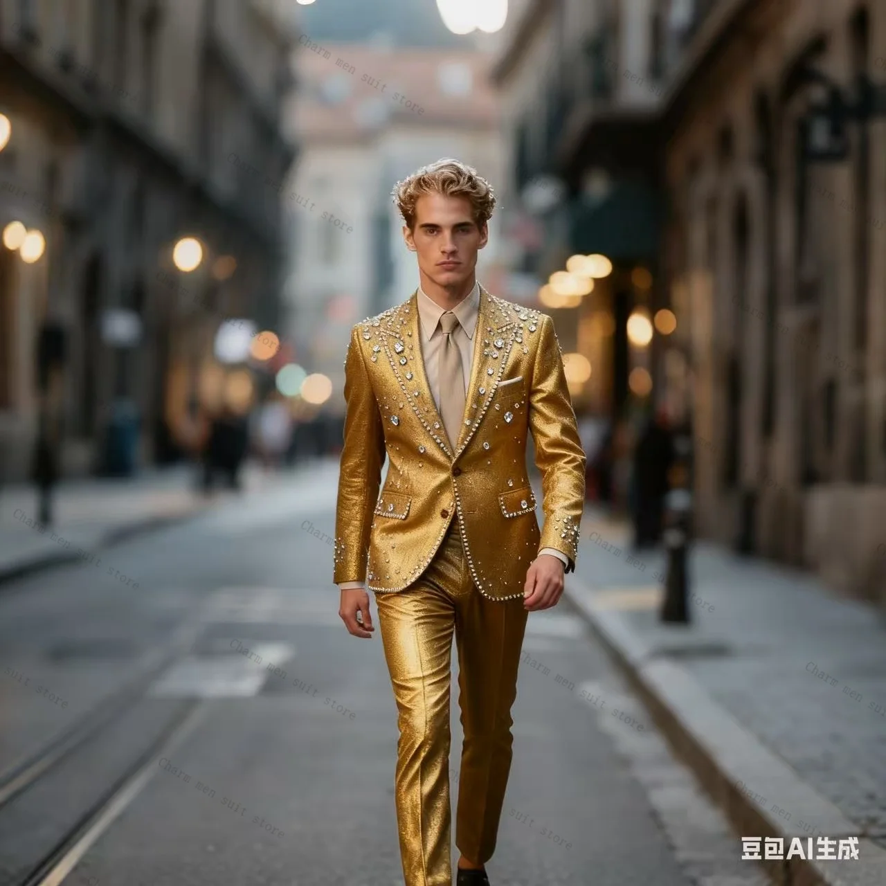 

Golden Crystal Men Suits Set 2 Pieces Cotton Blazer+Pants Trousers Customized Wedding Tuxedos Formal Office Business Jacket Coat