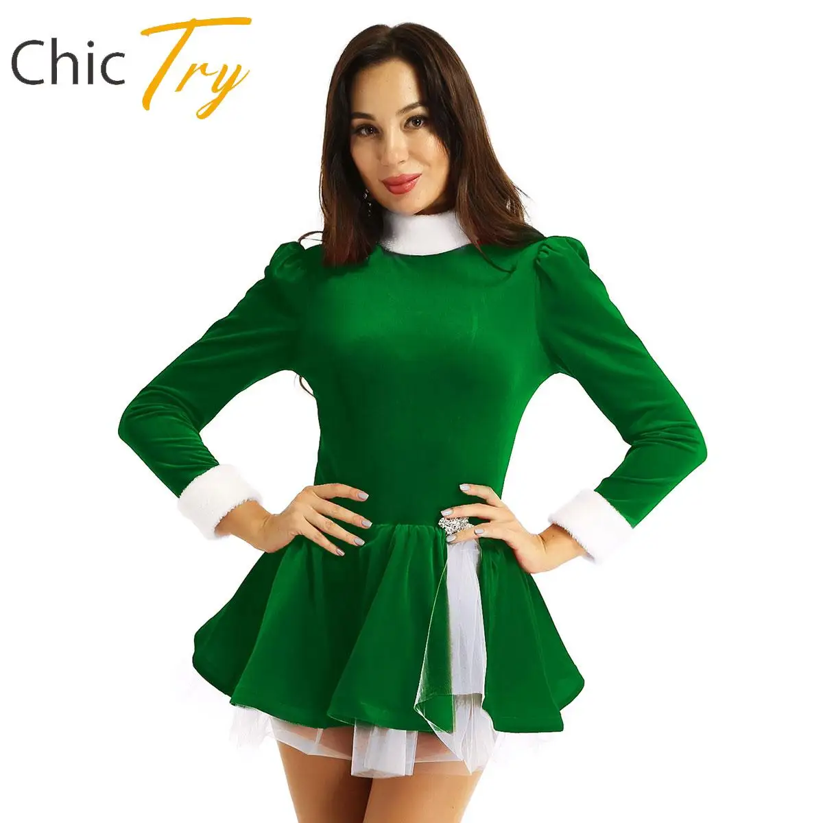 

Women New Christmas Modern Dance Cosplay Leotard Dress Costume High Neck Long Sleeves for Figure Ice Skating Ballet Dance Velvet