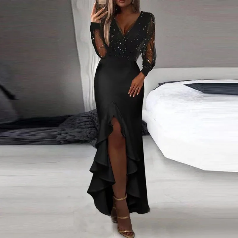 

Women Elegant Mesh Long Sleeve V-Neck Slim Ruffle Dress Spring 2024 Swing Party Dress Trend Lady Stitch Sequin Waist Long Dress