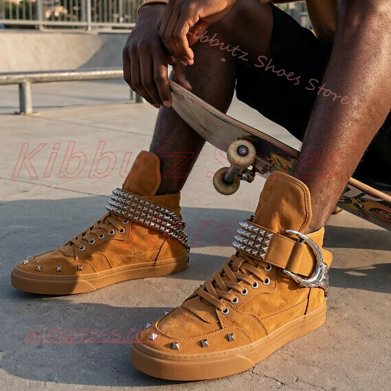 Punk Rivet Sneakers Metal Spike Strap Lace Up Ankle Boot Streetwear Alt Gothic Rock Footwear Sport Casual Shoes Street Style New