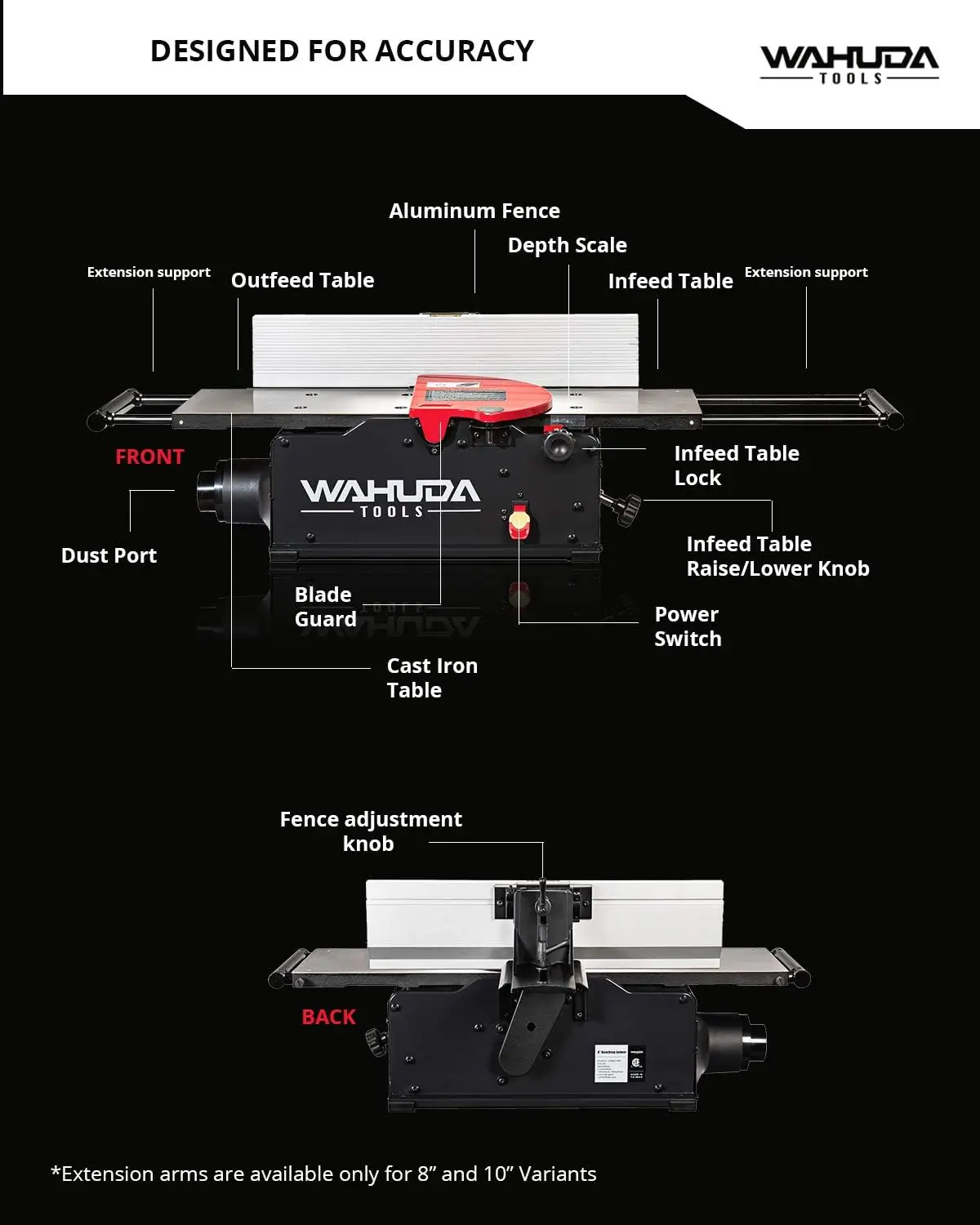 8-inch Benchtop Wood , Spiral Cutterhead Portable , Cast Iron Tables w/Pull Out Extensions, 4-Sided Carbide Tips