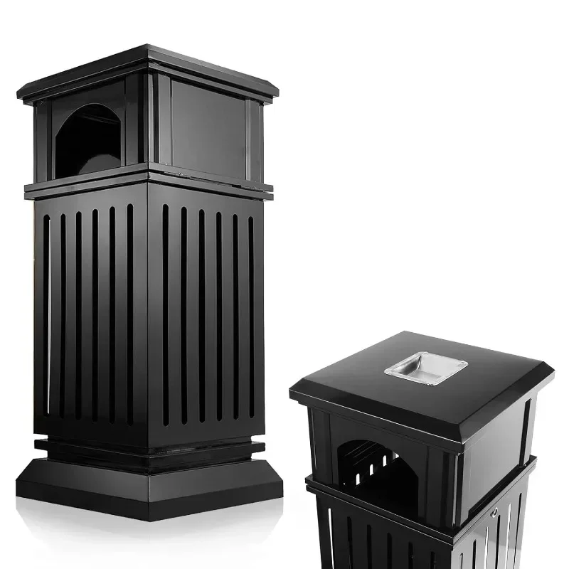 

HOME.Commercial trash can with lid, black outdoor trash can for patio, side opening steel square commercial trash container