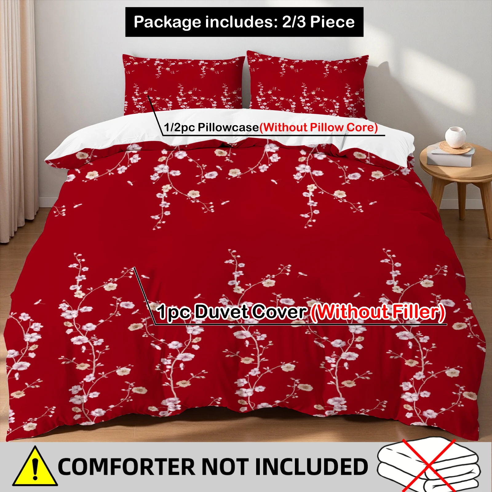Red Cherry Blossom Duvet Cover Set 3Pcs Floral Print Bedding 2 Pillowcases No Comforter Breathable All Sizes Home Bedroom Decor