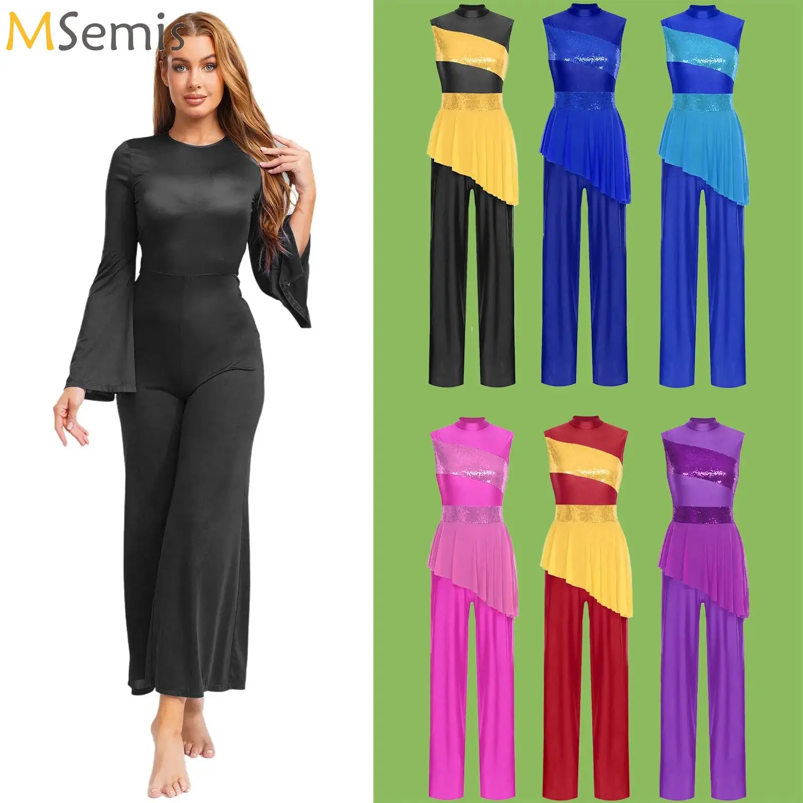 

Modern Lyrical Dance Costume Women Adult Long Sleeve Wide Leg Jumpsuit for Choir Liturgical Dance Contemporary Ballet Dance Wear